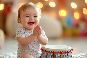 A happy baby clapping hands enthusiastically near a drum