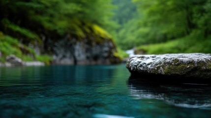 Fototapeta premium Tranquil mountain stream, serene turquoise water, and lush green forest