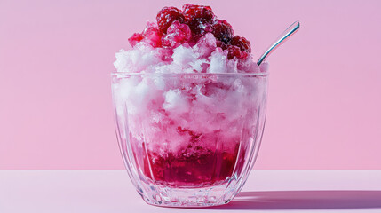 A delicious lychee and raspberry shaved ice in a crystal glass, delicate ice shavings infused with soft pink and deep red syrup, tiny fruit pieces embedded within