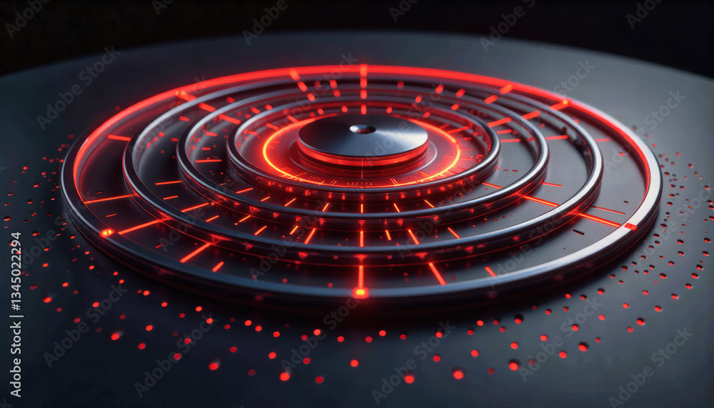Poster glowing red rings emanate from a central core within a futuristic, metallic structure against a dark