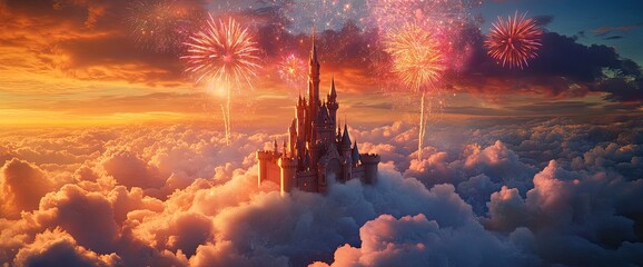 Fototapeta premium Majestic castle floats on clouds at sunset with fireworks