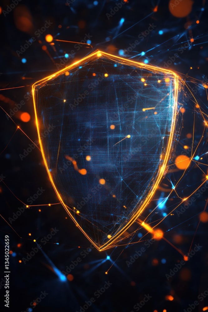 Poster abstract digital shield symbolizing cybersecurity in a networked environment
