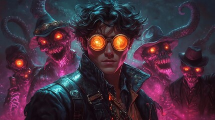 Defiant Young Man Amidst Glowing Undead Creatures in Dark Fantasy Setting