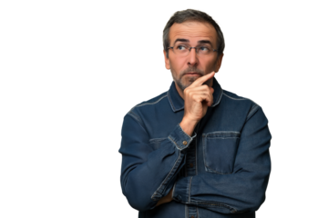 Middle-age Caucasian man wearing denim shirt and looking to side with a doubtful expression, isolated on white transparent background