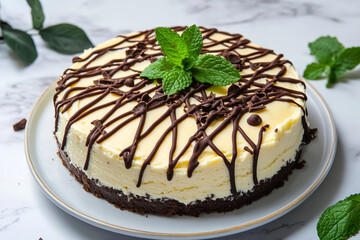 Delicious chocolate mint cheesecake with a rich crust presented on a marble surface