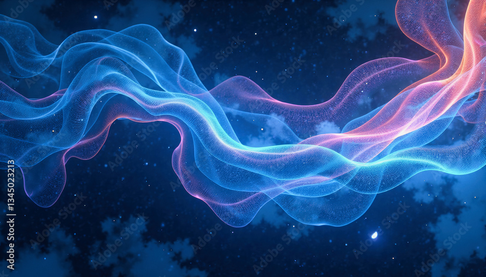 Poster ethereal waves of blue and pink light swirl and intertwine against a dark, starry backdrop, creating