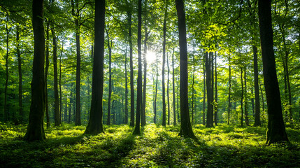 Fototapeta premium Sunlit Green Forest With Tall Trees Sunlight Shining Through The Leaves Creating Shadows and Bright Spots