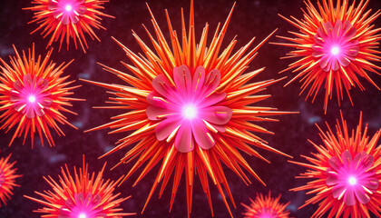 Fototapeta premium Vibrant, spiky orbs radiate outward against a deep red and purple background, creating a dynamic, abstract composition. Graphical resource for design and downstream advertisement purposes