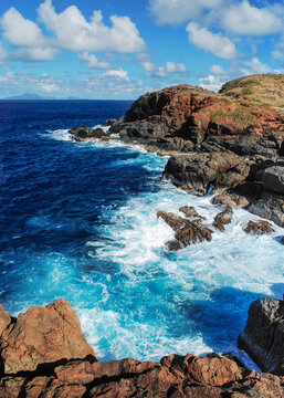 Waves crashing into a rocky coastline, Culebra, Puerto Rico