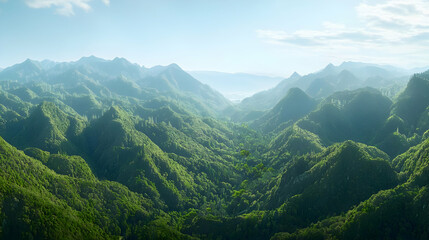 Fototapeta premium Aerial View Of Lush Green Forest And Mountain Range Under Clear Blue Sky