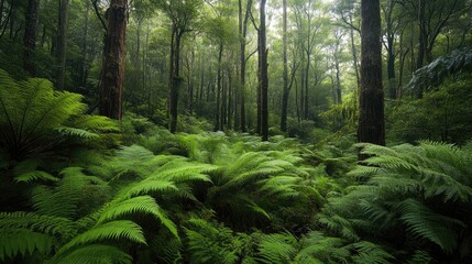 Fototapeta premium Lush Green Forest with Ferns and Tall Trees Enveloped in Misty Atmosphere