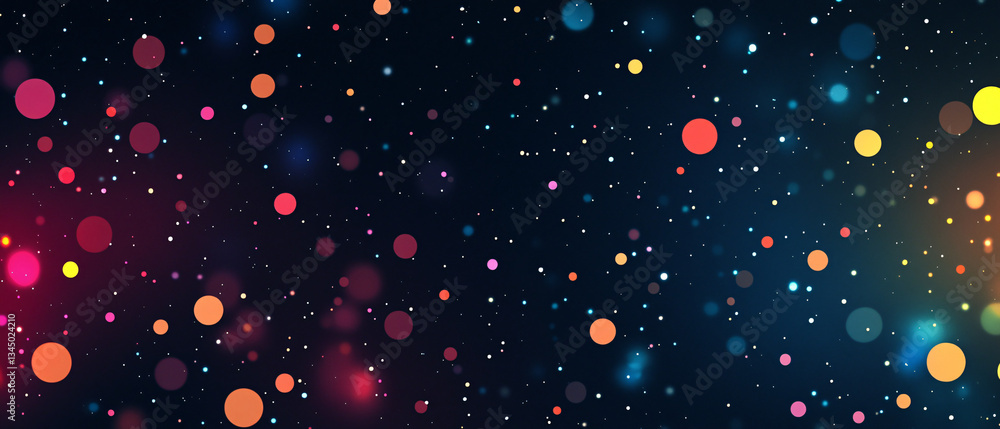Poster a dreamy digital background with glowing floating bokeh particles in various colors resembling a sta