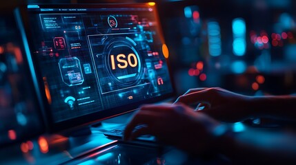 Futuristic ISO Digital Interface on Computer Screen, A person working on a computer displaying a digital interface with the word ISO on the screen