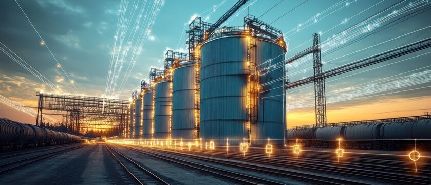Large industrial storage tanks near railway tracks at sunset