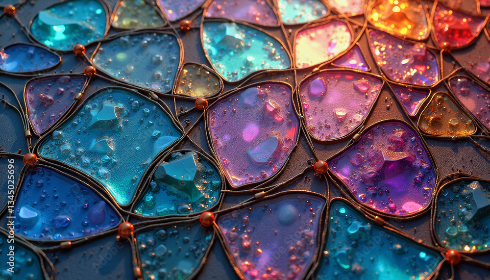 Poster iridescent glass pieces arranged in a mosaic pattern shimmer with vibrant colors and a textured surf