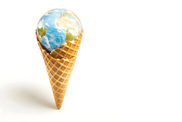Ice cream cone in the shape of planet Earth. The concept of a happy childhood, environmental issues, and smart consumption. Copy space