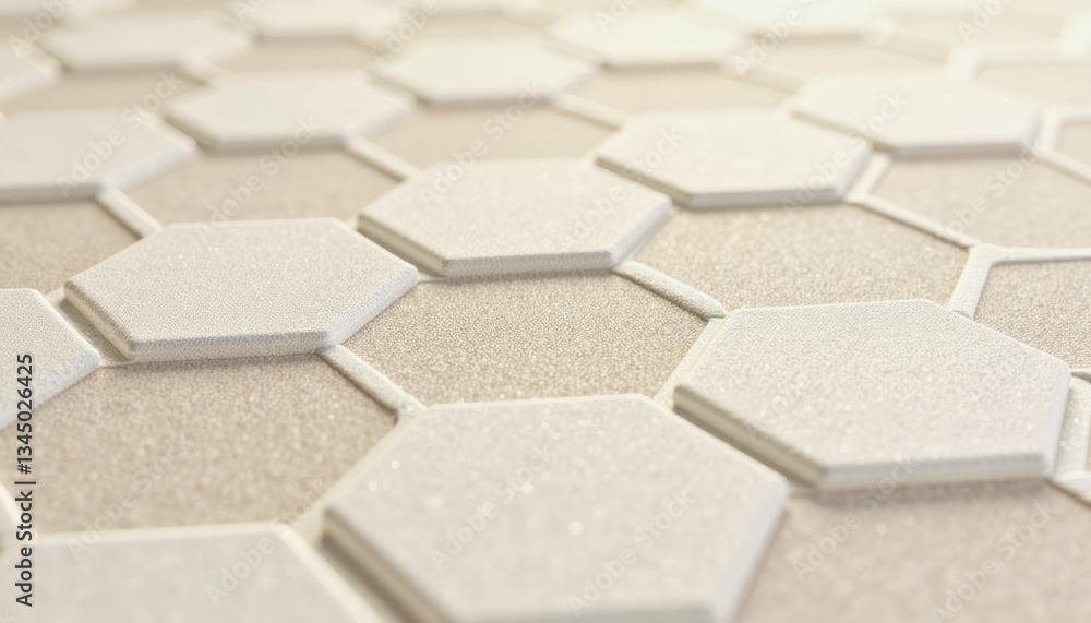 Poster close-up reveals a patterned surface of interlocking hexagonal tiles in a blend of white and beige t