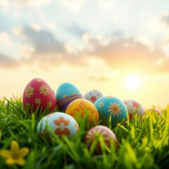 Bunte Ostereier im gr&uuml;nen Gras mit Blumen und blauem Himmel, ideal f&uuml;r Osterdesigns und Fr&uuml;hlingsdekorationen.