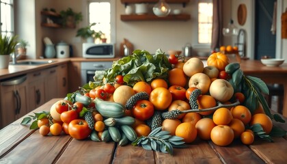 Abundant Harvest in Rustic Kitchen