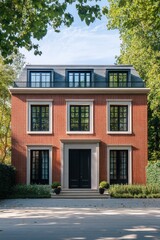 Elegant brick house with large windows surrounded by lush greenery in a tranquil neighborhood, showcasing modern architecture and inviting entrance