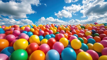 Colorful plastic balls fill a large space under bright blue sky. Use this joyful image for fun, celebration, or playful concept.