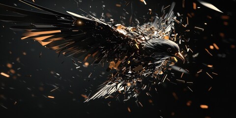An abstract digitally rendered bird is exploding into numerous fragments