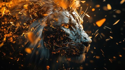 A digital artwork of a lion with fiery metallic fragments