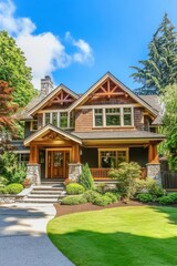 Beautifully designed two-story house with extensive greenery and inviting entryway located in a serene neighborhood on a sunny day