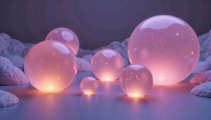 Glowing, translucent spheres illuminate a snowy landscape, creating a dreamy, ethereal atmosphere. Graphical resource for design and downstream advertisement purposes