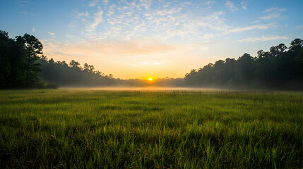 Fototapeta premium Golden Sunrise Over A Green Grassy Field With Trees and a Misty Horizon in a Tranquil Morning