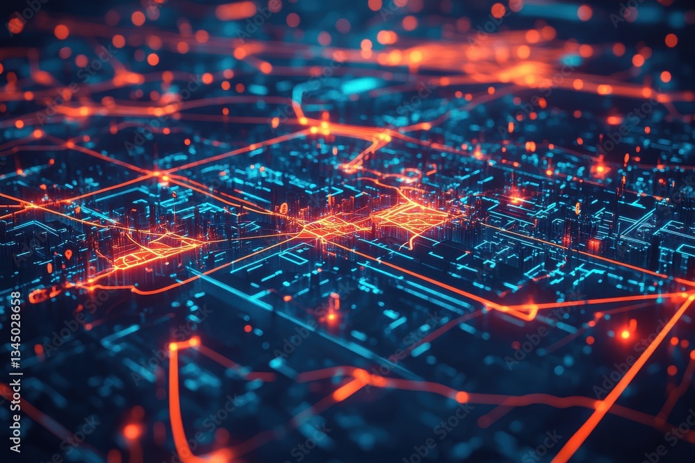 Aufkleber abstract futuristic blue circuit board with red glowing lines. use for network, technology, or compl