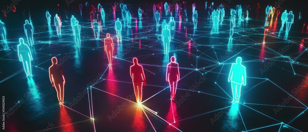 Poster futuristic digital network with glowing figures connecting in a virtual space