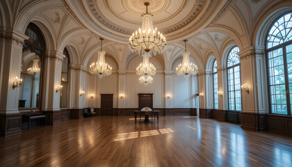 Fototapeta premium Grand Hall Interior with Crystal Chandeliers and Wooden Floor