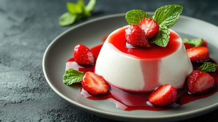 Panna cotta dessert with strawberry sauce and mint on gray plate, studio shot. Showcase italian food, sweets recipes, restaurant menu, or catering services.