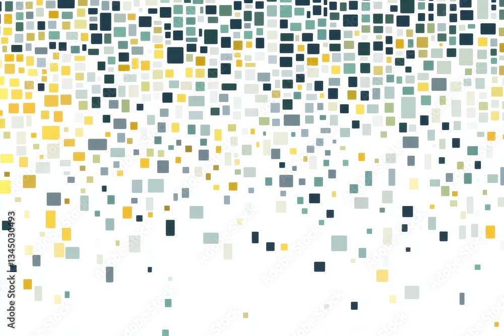 Poster pattern with digital pixel dots, their colors blending from soft yellow to sage green and grey, crea