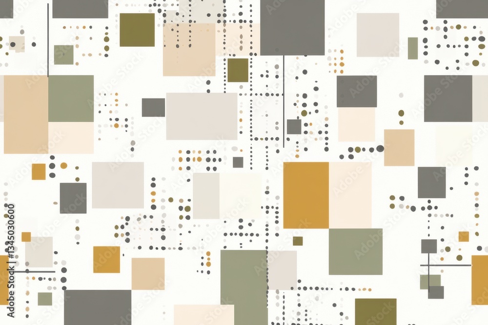 Poster an abstract pattern of squares and dots in shades of beige, gray, olive green, and yellow on a white