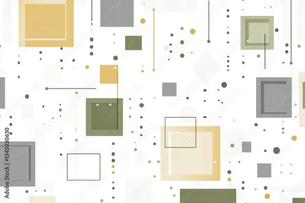 Poster an abstract pattern of squares and dots in shades of beige, gray, olive green, and yellow on a white