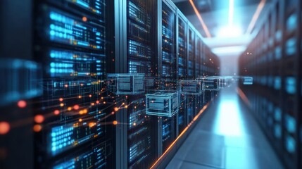Data center server racks represent modern technology and network connections