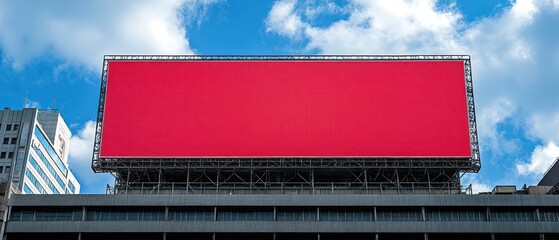 A large red blank billboard atop a city building with sky