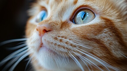 Close-up portrait of a ginger cat with striking blue eyes, looking up.