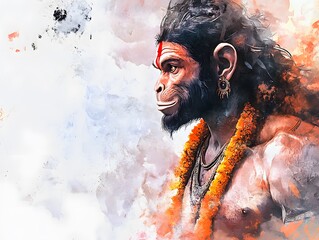 Hanuman Artwork with Orange Garland in Watercolor Painting Style