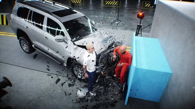 car crash test stop time. safety concept. People and crash dummy.