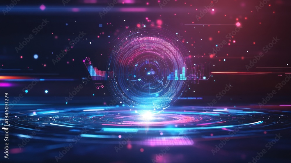 Poster abstract digital vortex with glowing particles and data visuals