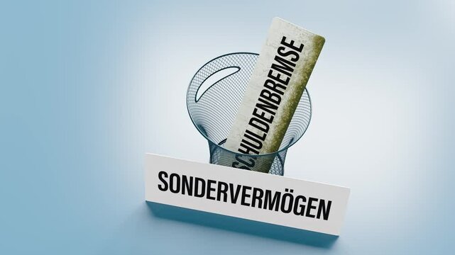 Concept: The new German Federal Special Fund (Sonderverm&ouml;gen) making the debt limit (Schuldenbremse) obsolete. Plates with the respective terms in front of a wastebasket and being thrown into it.