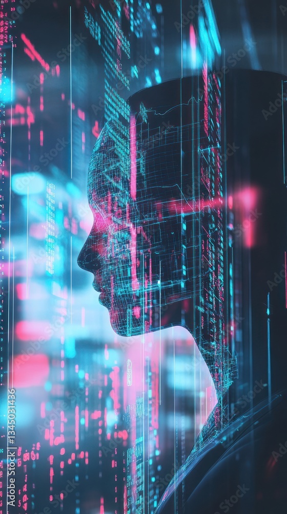 Poster profile silhouette of a person with digital data overlay in a tech setting