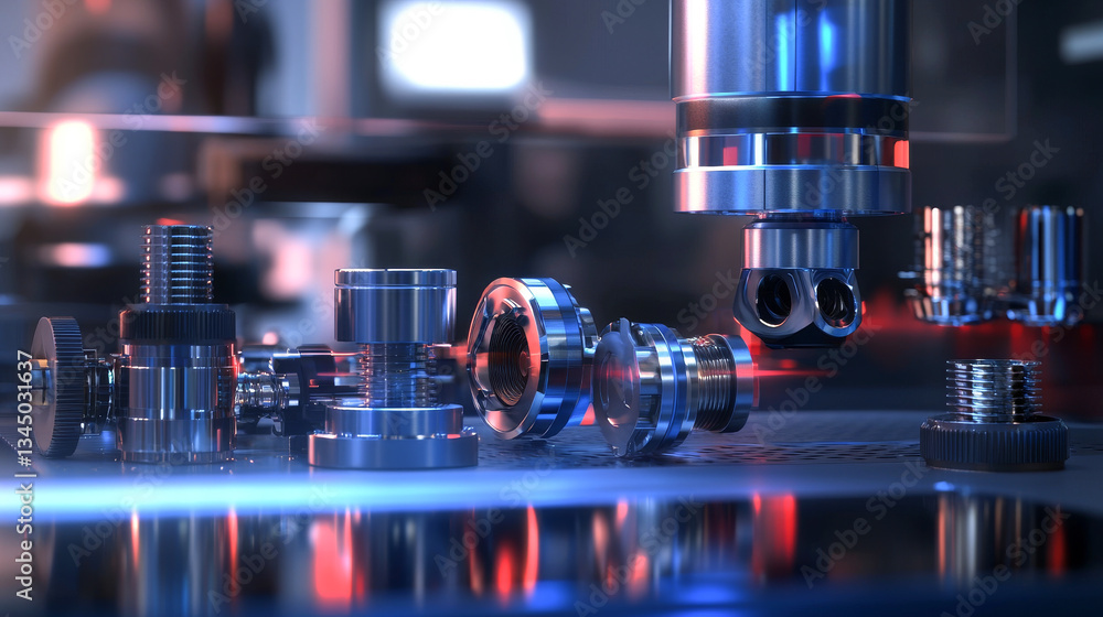 Poster close-up of futuristic metallic components in high-tech engineering environment. concept of advanced