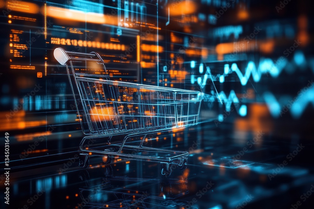 Aufkleber futuristic shopping cart in a digital environment with data visuals