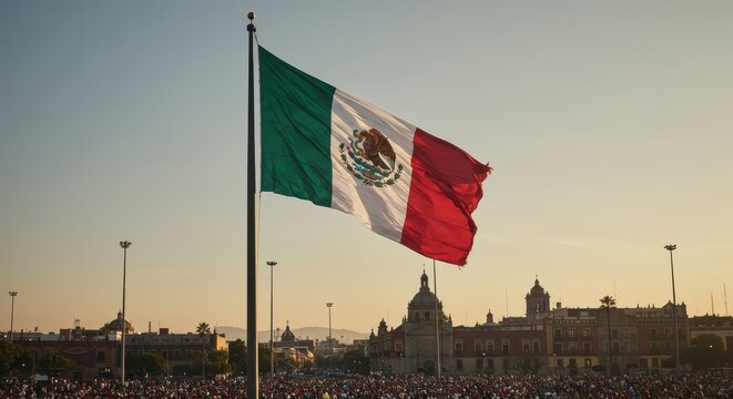 Majestic mexican flag waving over zocalo plaza during sunset in mexico city