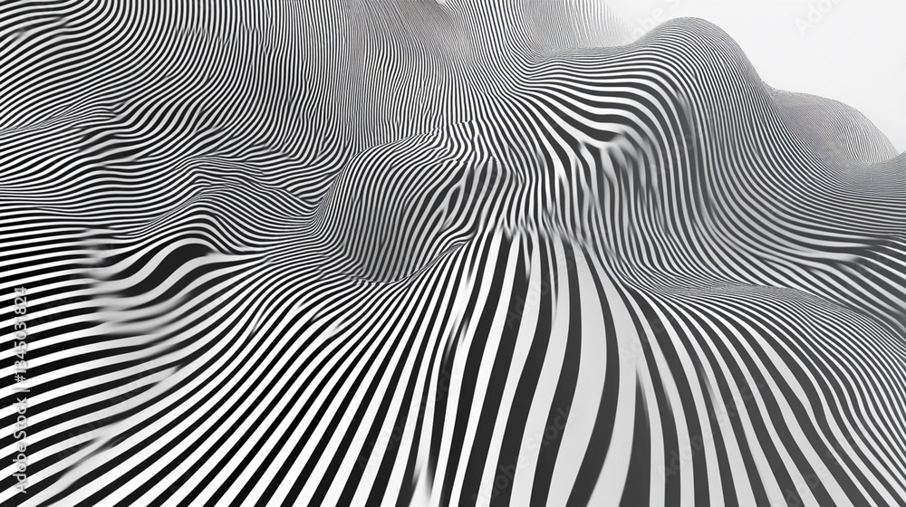 Poster abstract black and white striped landscape with flowing curves and waves creating a surreal effect