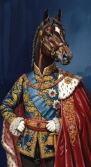 Regal horse in royal attire with ornate crown and luxurious cape